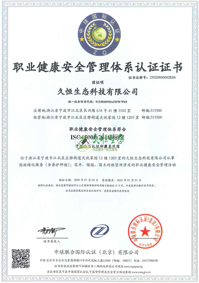 武汉1职业健康安全管理体系ISO45001证书